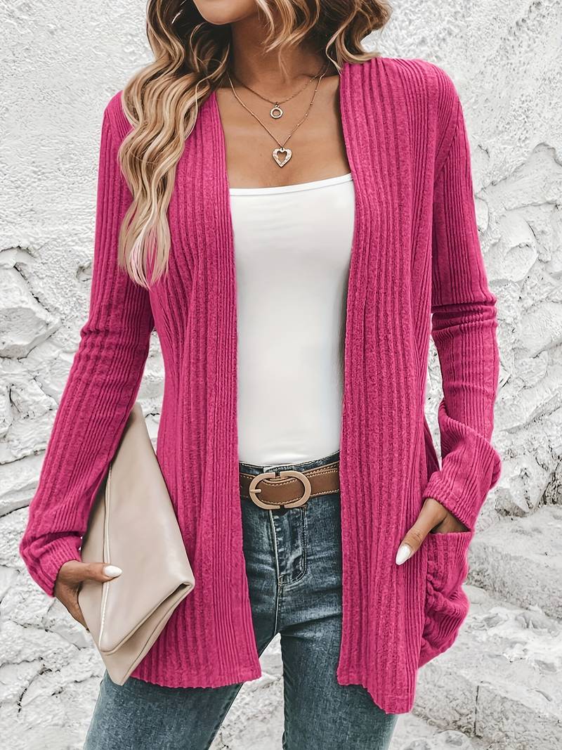 Open front dual pockets long sleeve cardigan