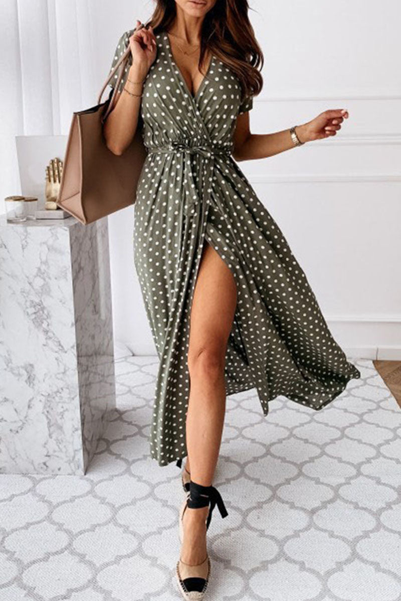 Fashion Sexy Dot Print V-Neck Slit Dress