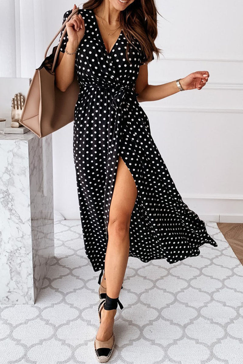 Fashion Sexy Dot Print V-Neck Slit Dress