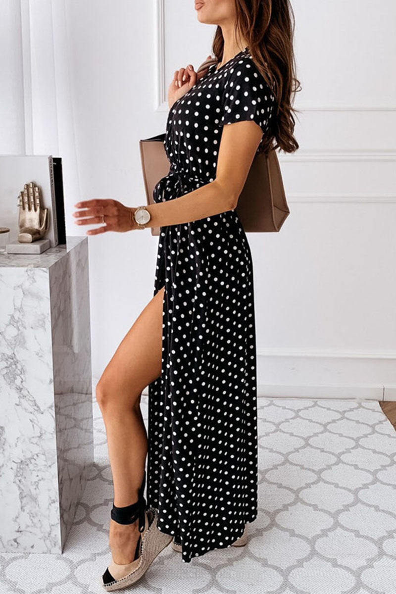 Fashion Sexy Dot Print V-Neck Slit Dress