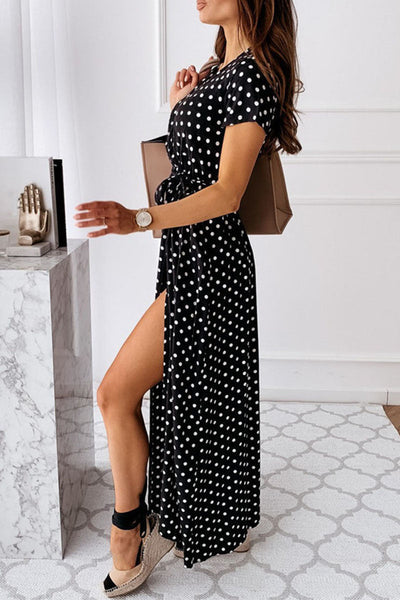 Fashion Sexy Dot Print V-Neck Slit Dress