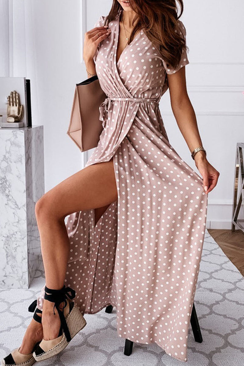 Fashion Sexy Dot Print V-Neck Slit Dress