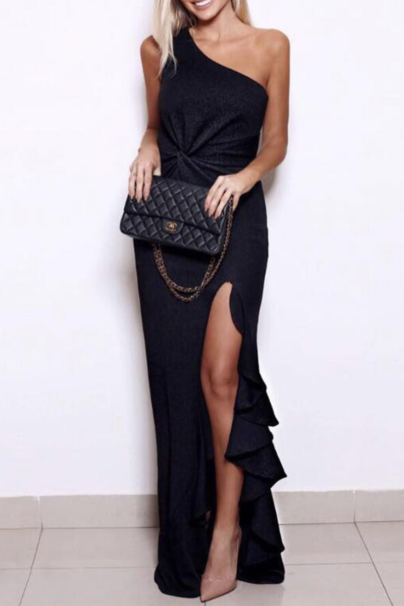 Elegant One Shoulder Flounce Slit Evening Dress