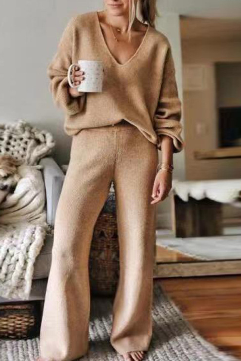 Casual Solid Patchwork V-Neck Long Sleeve Two-Piece Set