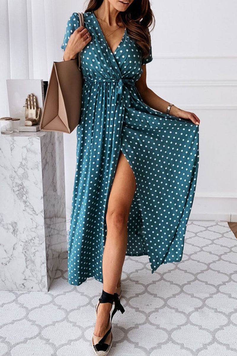 Fashion Sexy Dot Print V-Neck Slit Dress