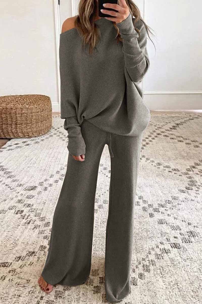 Chic British Style Solid Round Neck Long Sleeve Two-Piece Outfit