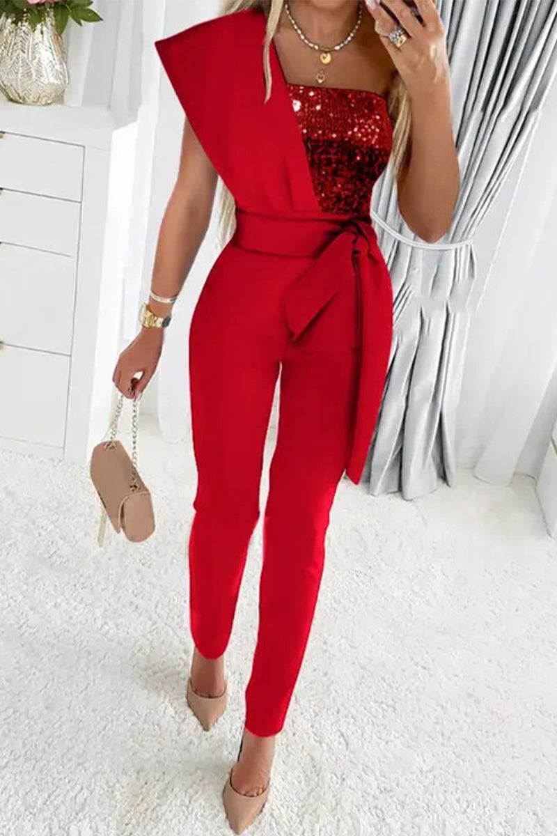 Isabella - Daring Sequin Asymmetrical Collar Jumpsuit