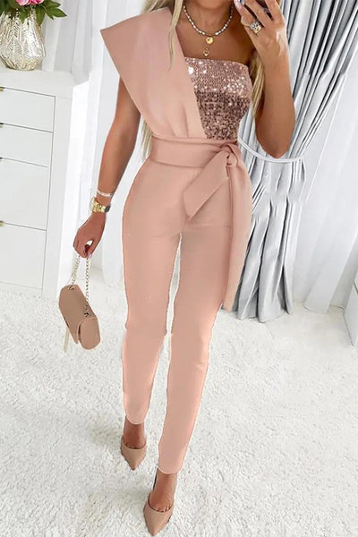 Isabella - Daring Sequin Asymmetrical Collar Jumpsuit