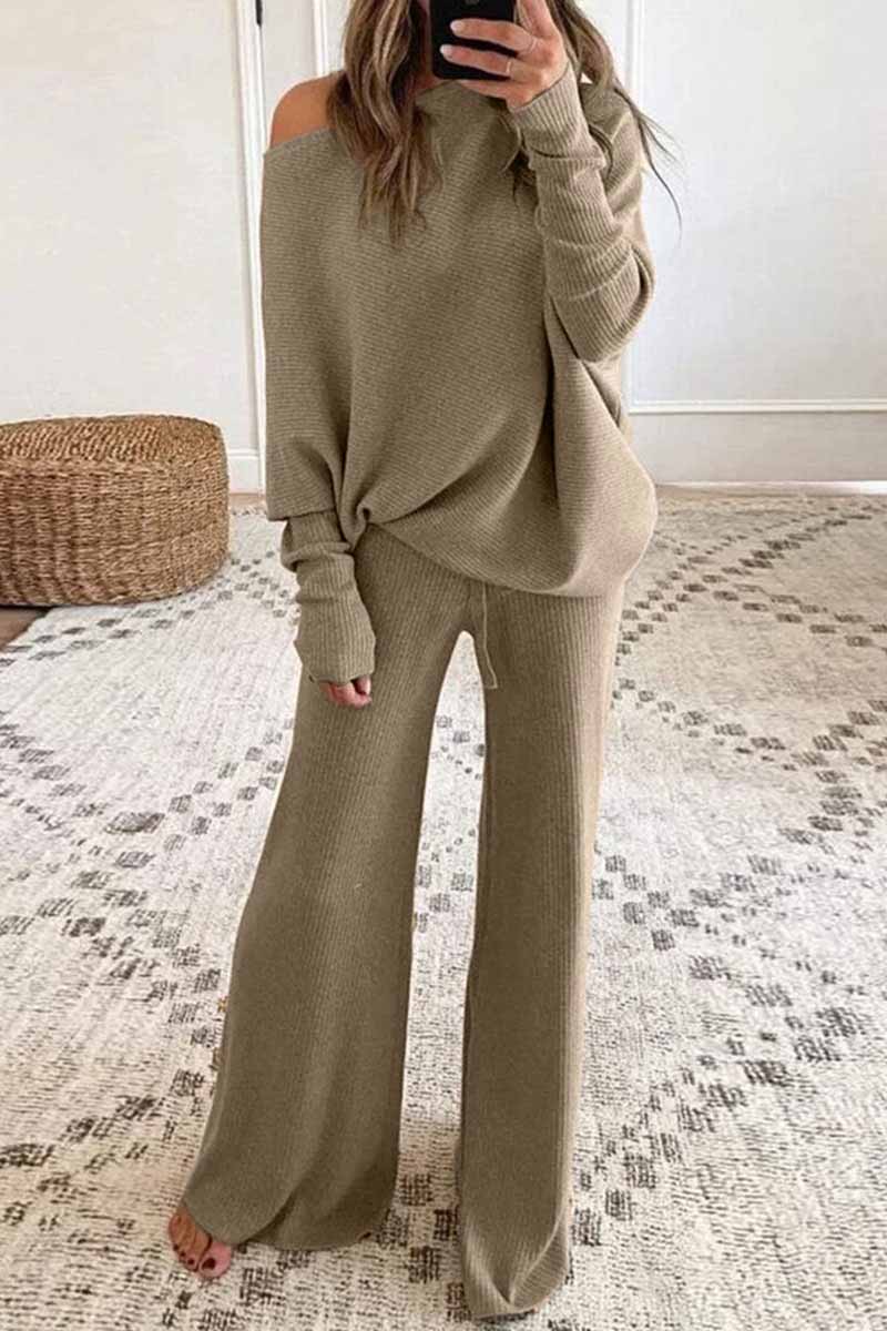 Chic British Style Solid Round Neck Long Sleeve Two-Piece Outfit