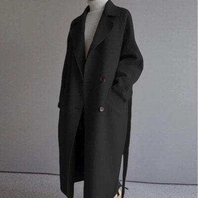 Model wears long wool coat for winter