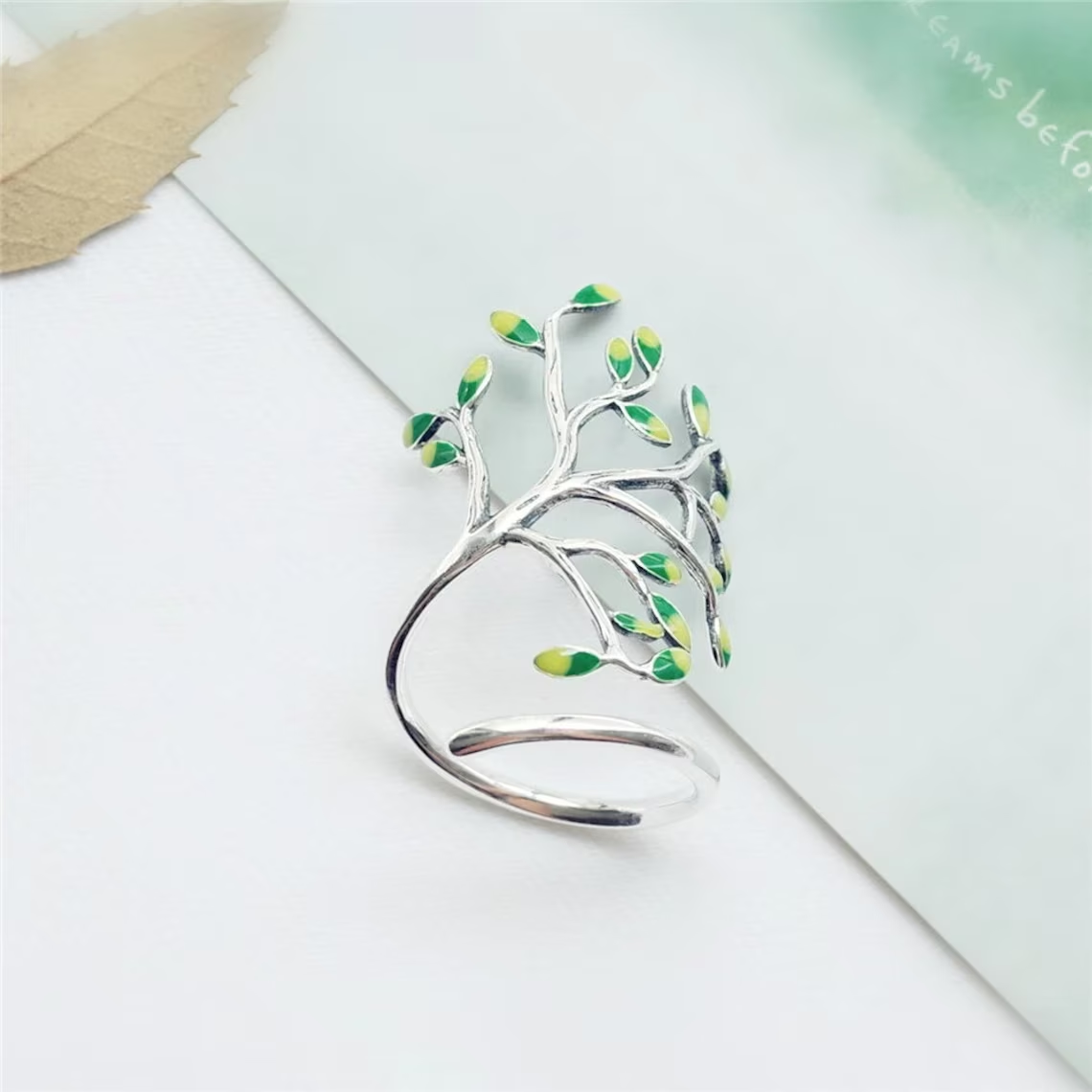 GreenElegance - Adjustable Silver Leaf Ring