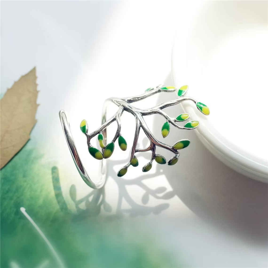 GreenElegance - Adjustable Silver Leaf Ring