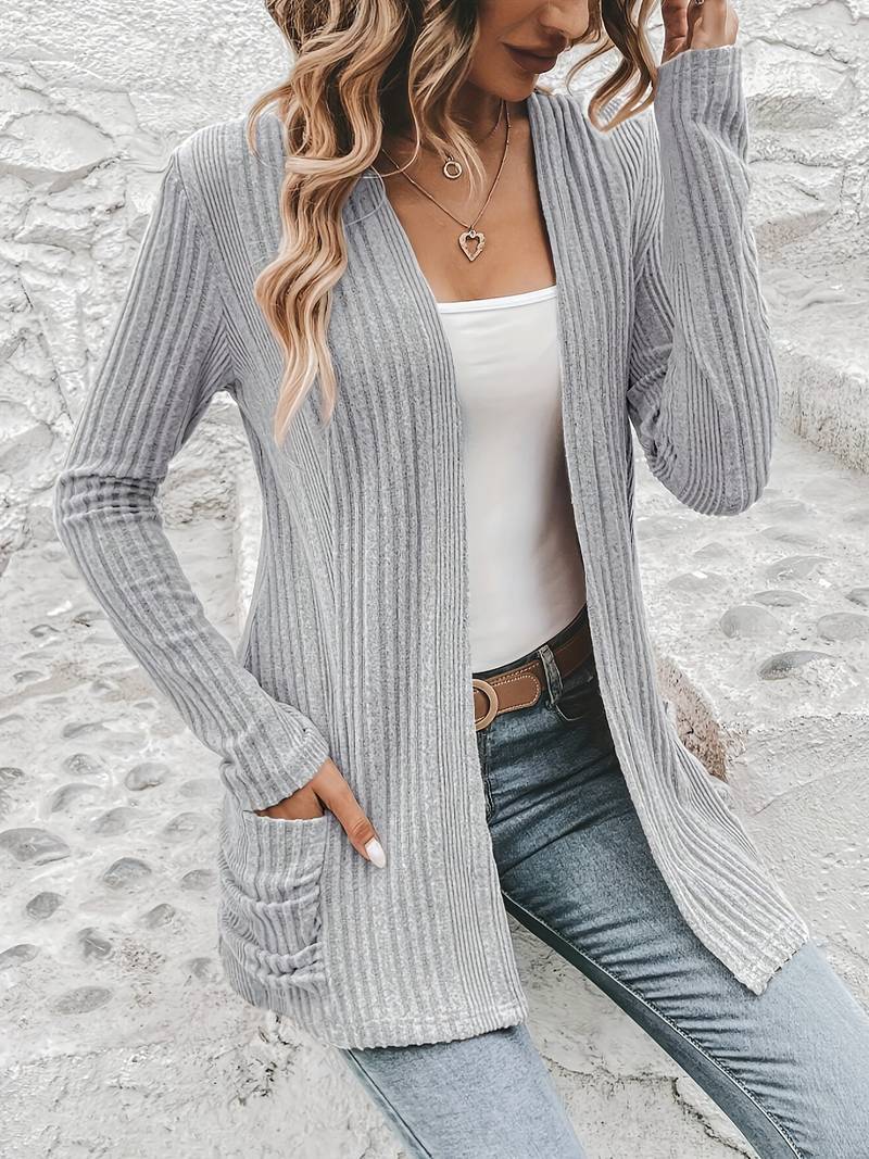 Open front dual pockets long sleeve cardigan