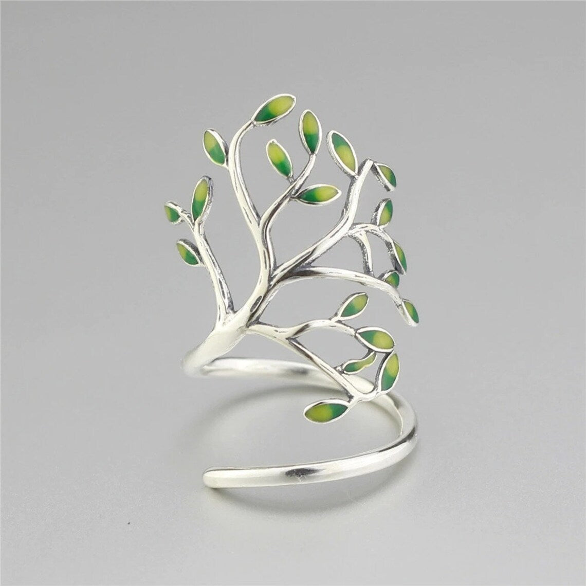 GreenElegance - Adjustable Silver Leaf Ring