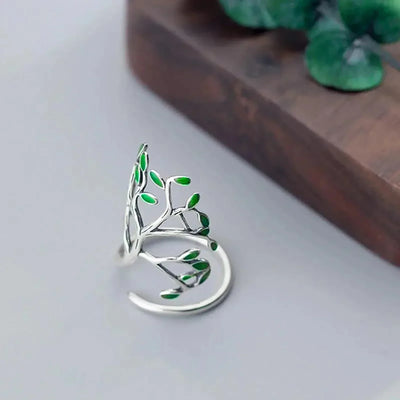 GreenElegance - Adjustable Silver Leaf Ring