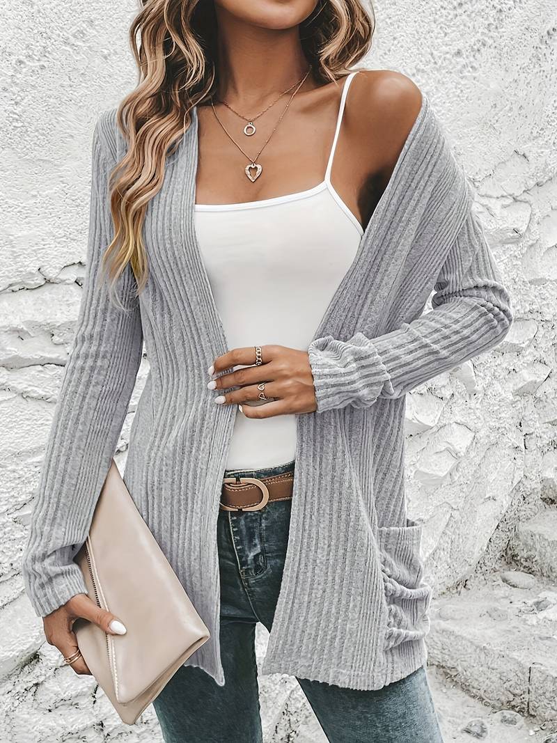 Open front dual pockets long sleeve cardigan