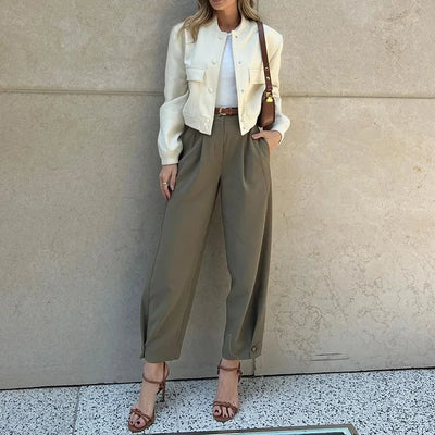 High-Waisted Cargo Trousers with Zip Fastening