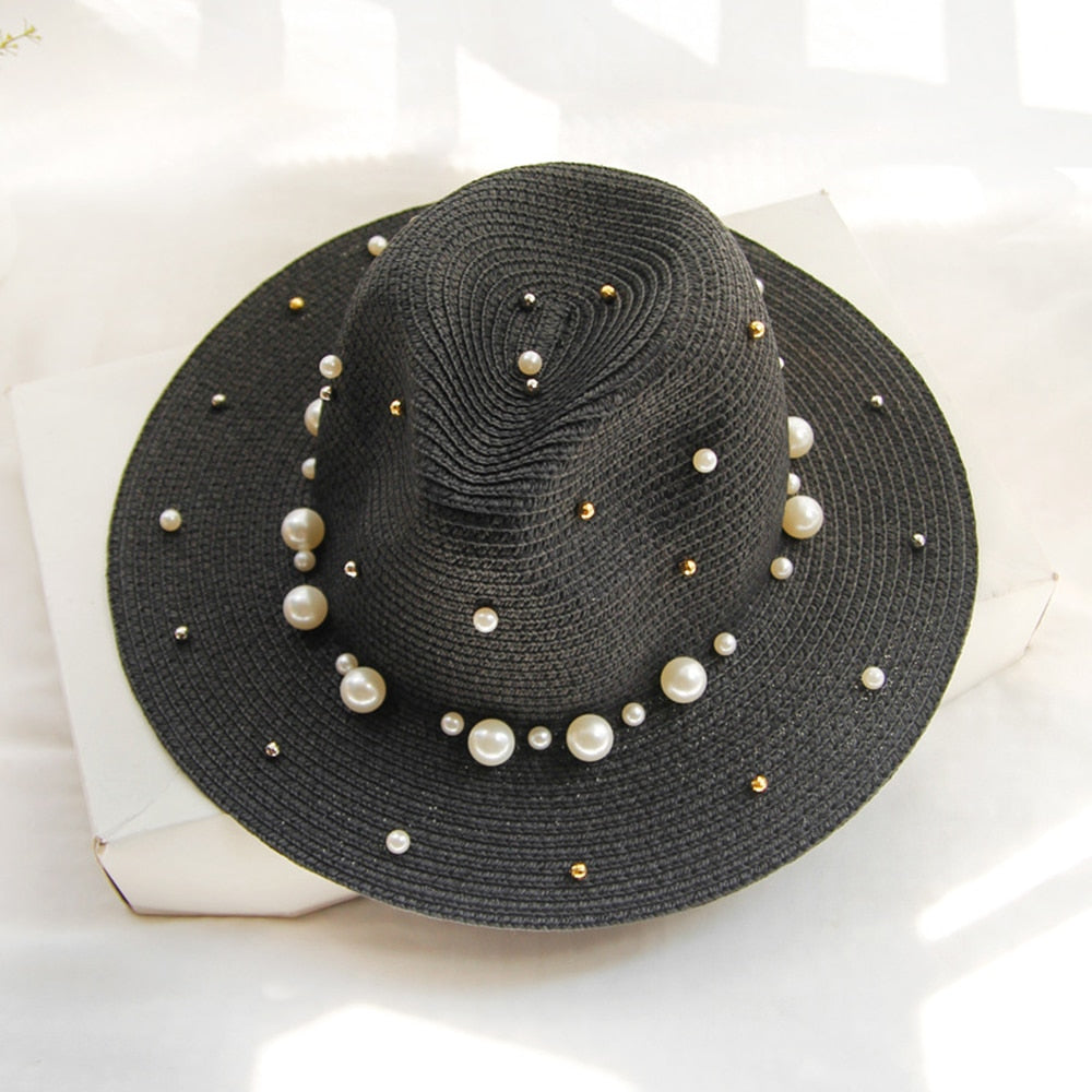 SummerGlam - Pearl-Embellished Wide Brim Hat