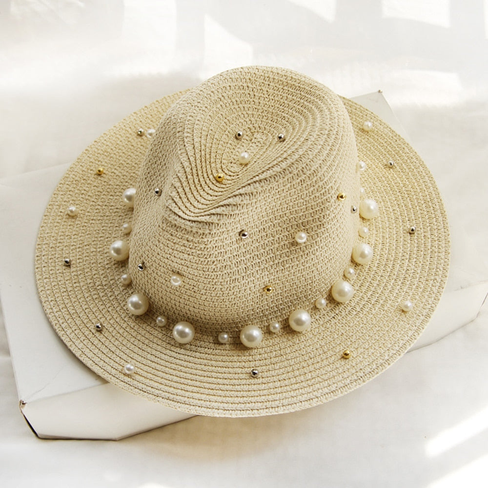 SummerGlam - Pearl-Embellished Wide Brim Hat