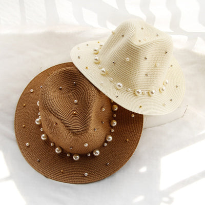 SummerGlam - Pearl-Embellished Wide Brim Hat