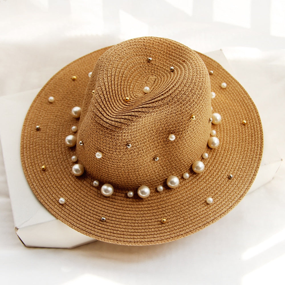 SummerGlam - Pearl-Embellished Wide Brim Hat