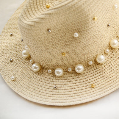 SummerGlam - Pearl-Embellished Wide Brim Hat