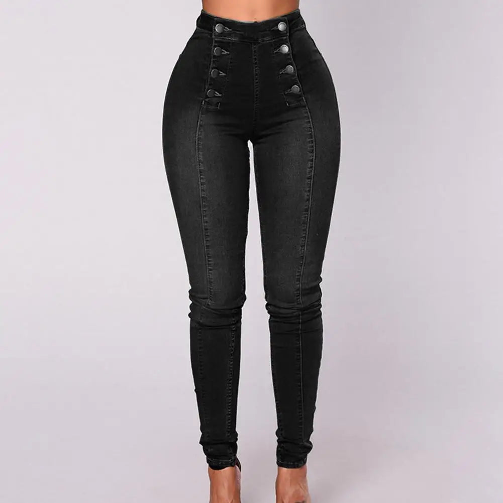 Elegant Ladies High-Waist Double-Breasted Jeans