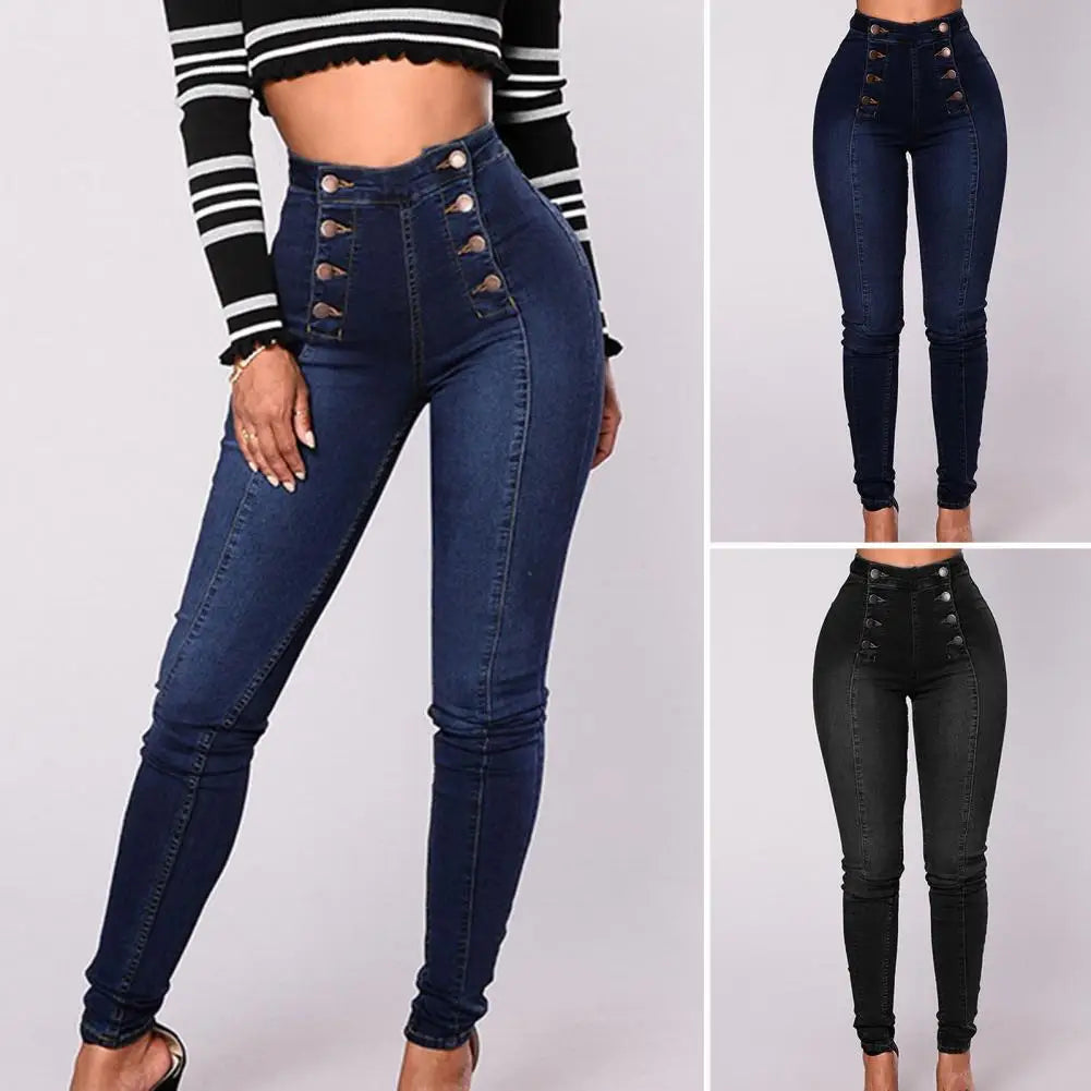 Elegant Ladies High-Waist Double-Breasted Jeans