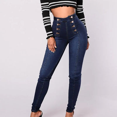 Elegant Ladies High-Waist Double-Breasted Jeans