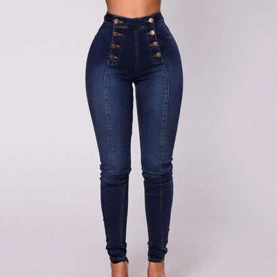 Elegant Ladies High-Waist Double-Breasted Jeans