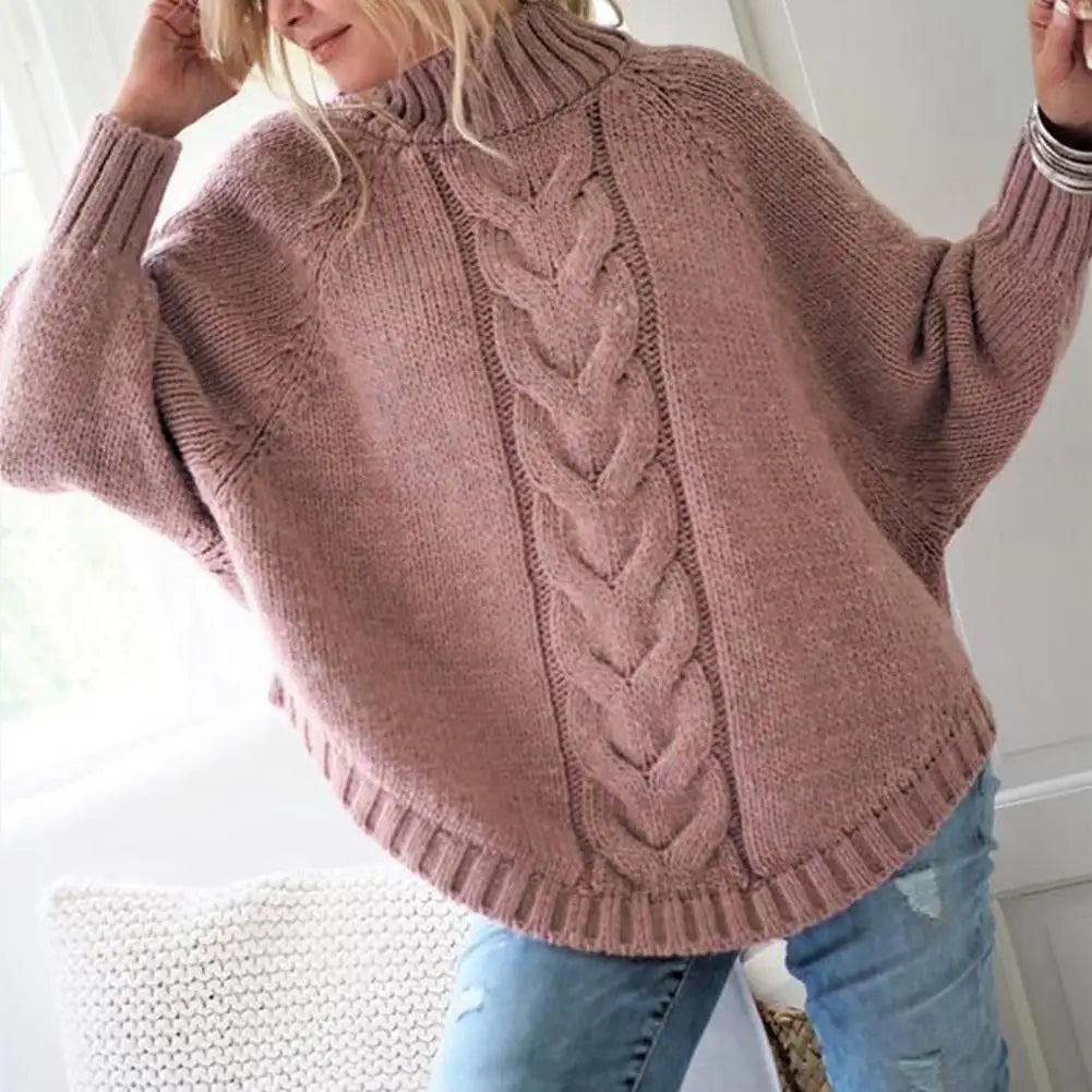 Model wears knitted jumper for winter with high cabbage