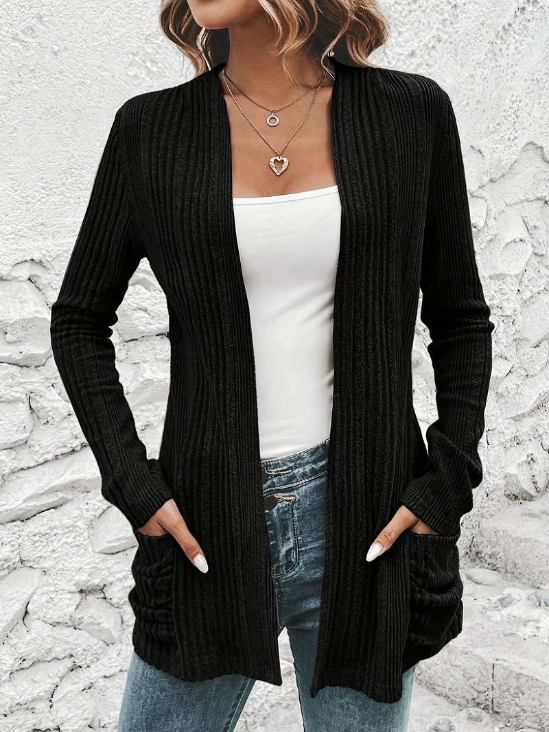 Open front dual pockets long sleeve cardigan