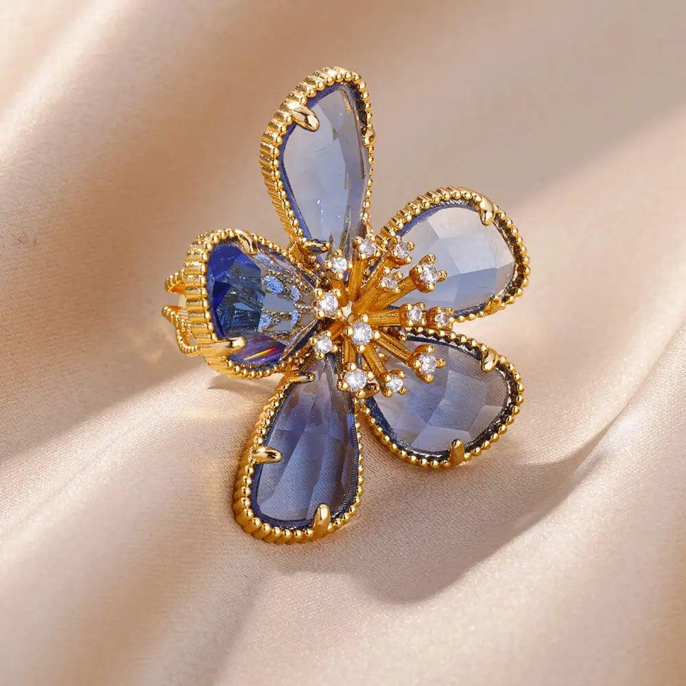 FloralRadiance - Crystal Bloom Stainless Steel Ring